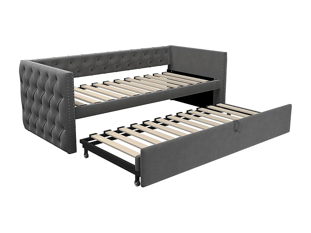 Canapé-lit extensible 90*200 cm, form classique avec boutons, tissu velours, gris (matelas non inclus).