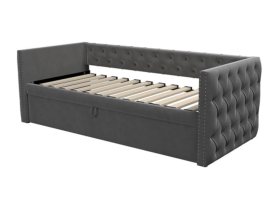 Canapé-lit extensible 90*200 cm, form classique avec boutons, tissu velours, gris (matelas non inclus).