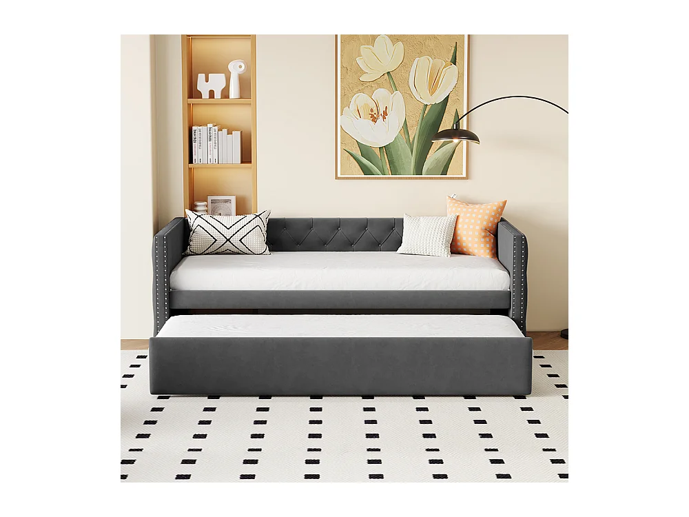 Canapé-lit extensible 90*200 cm, forme classique avec boutons, tissu velours, gris  (matelas non inclus).