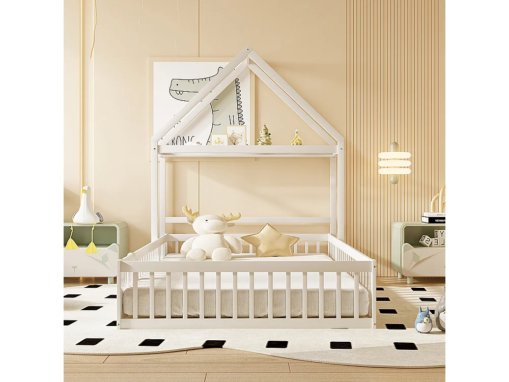 Lit enfant 140 x 200, kadre de lit enfant en bois massif avec espace de rangement, porte pleine sécurité, blanc
