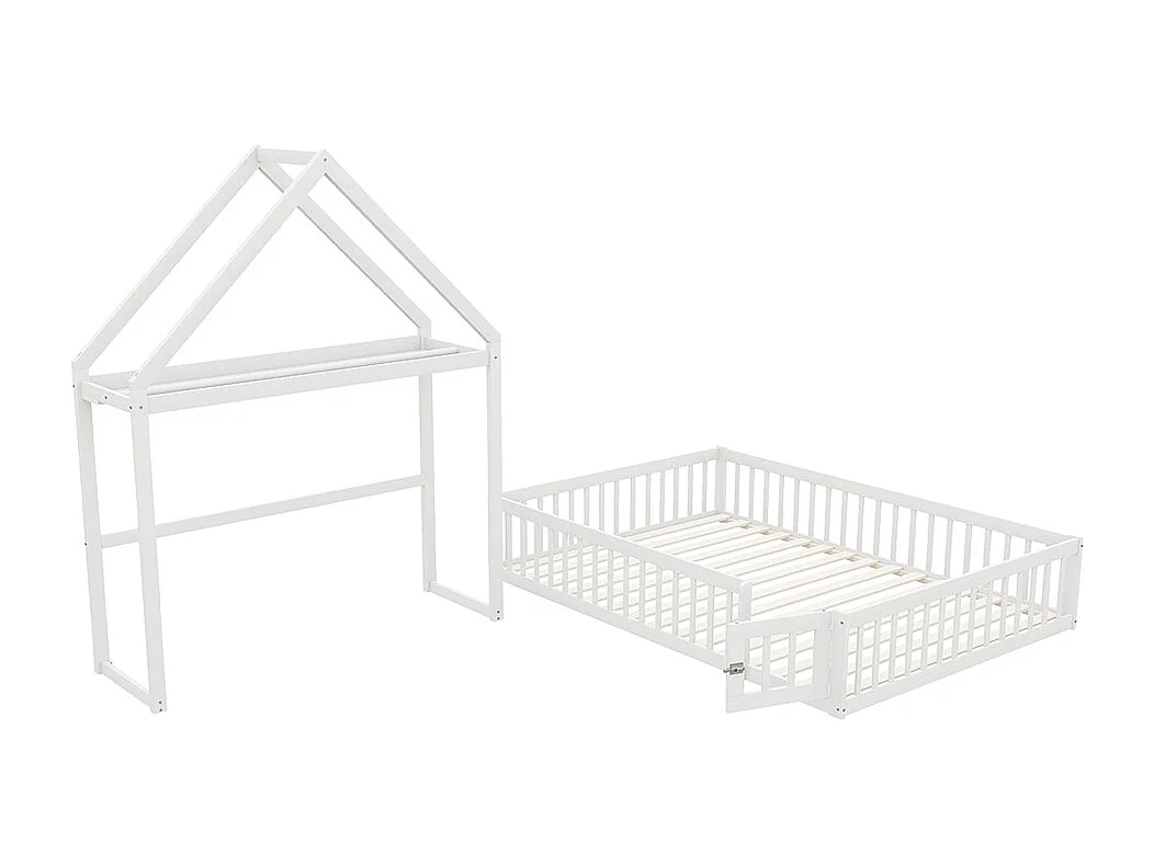 Lit enfant 140 x 200, kadre de lit enfant en bois massif avec espace de rangement, porte pleine sécurité, blanc