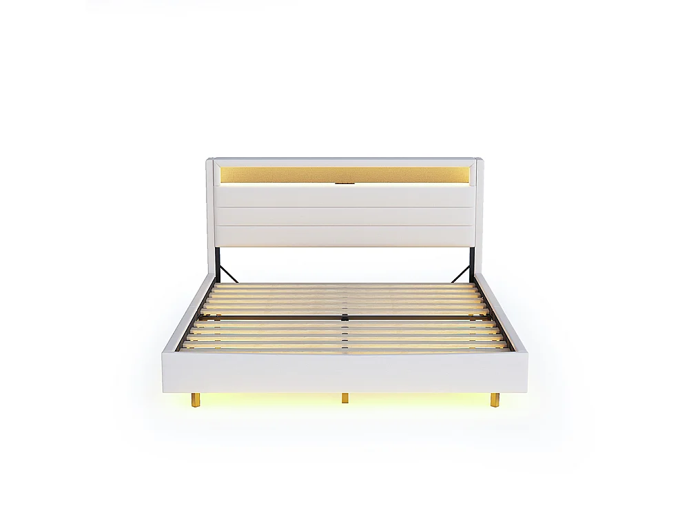 140x200 cm lit double capitonné avec prise USB et lumière LED, tête de lit réversible, pied de lit dissimulé, tissu de lin beige