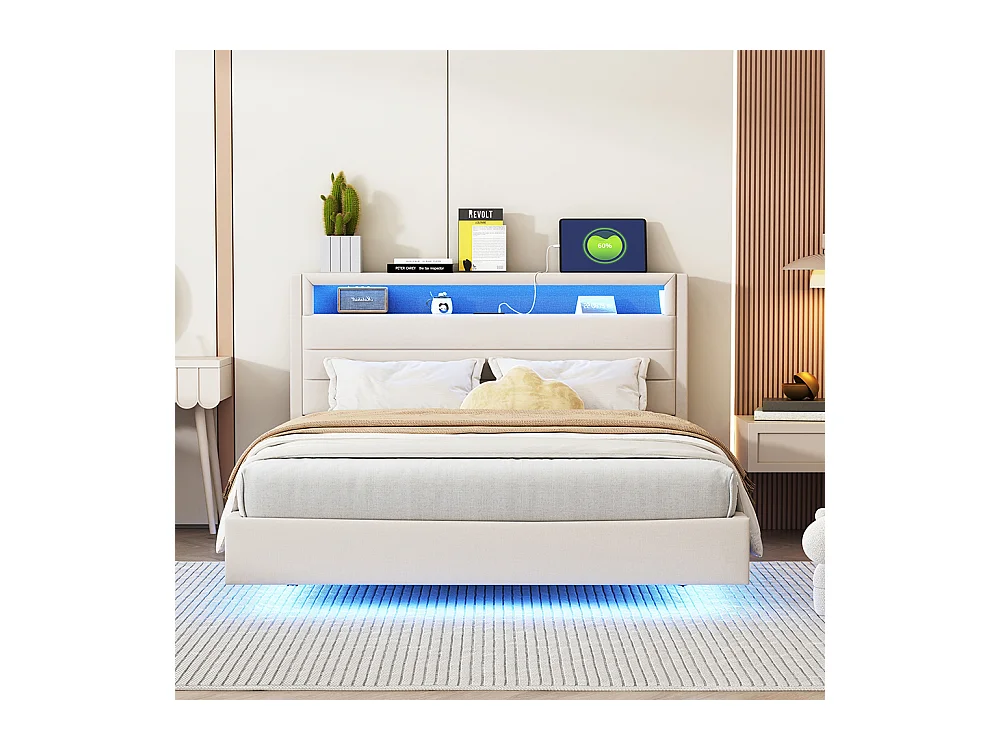 140x200 cm lit double capitonné avec prise USB et lumière LED, tête de lit réversible, pied de lit dissimulé, tissu de lin beige