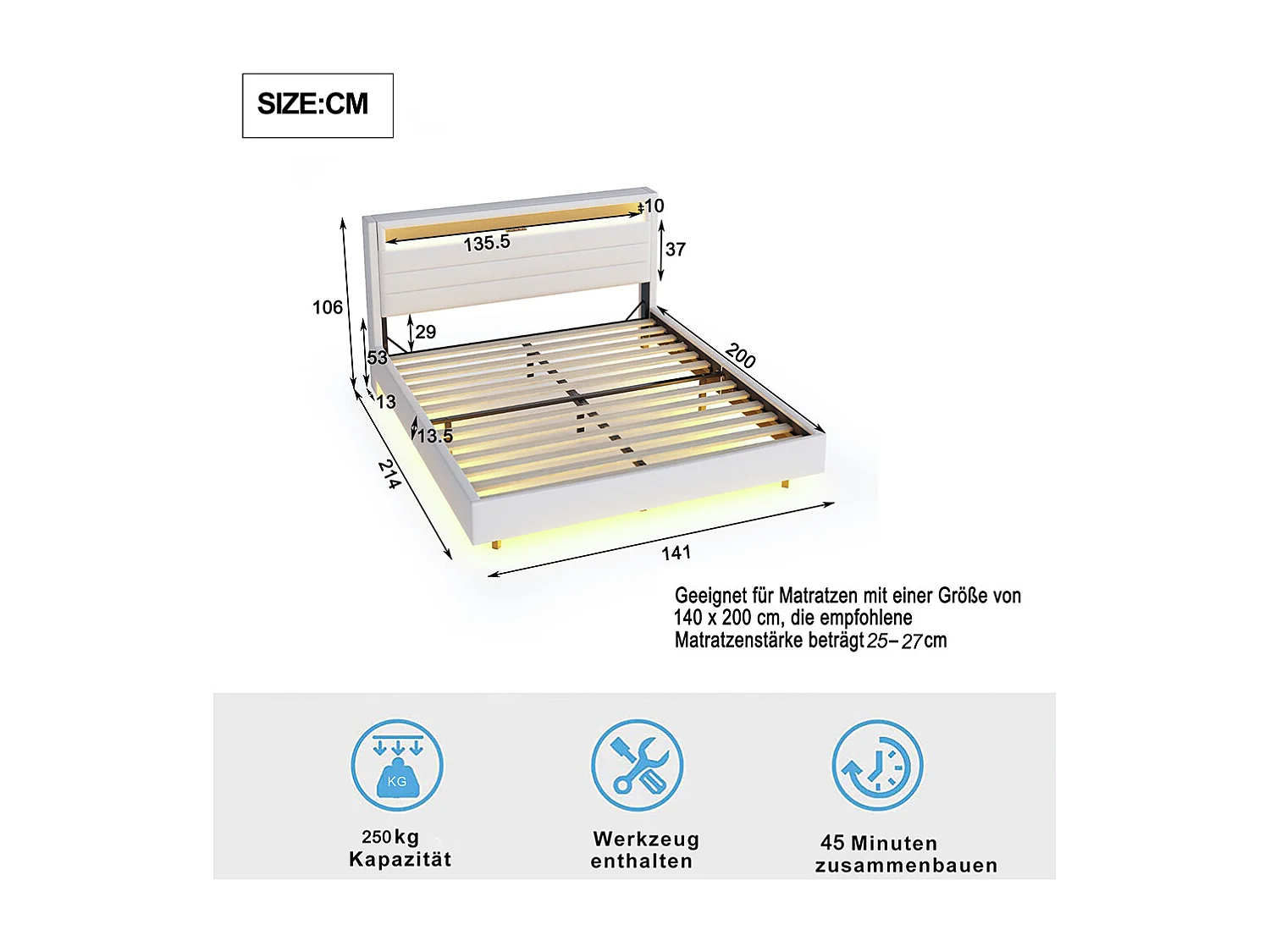 140x200 cm lit double capitonné avec prise USB et lumière LED, tête de lit réversible, pied de lit dissimulé, tissu de lin beige