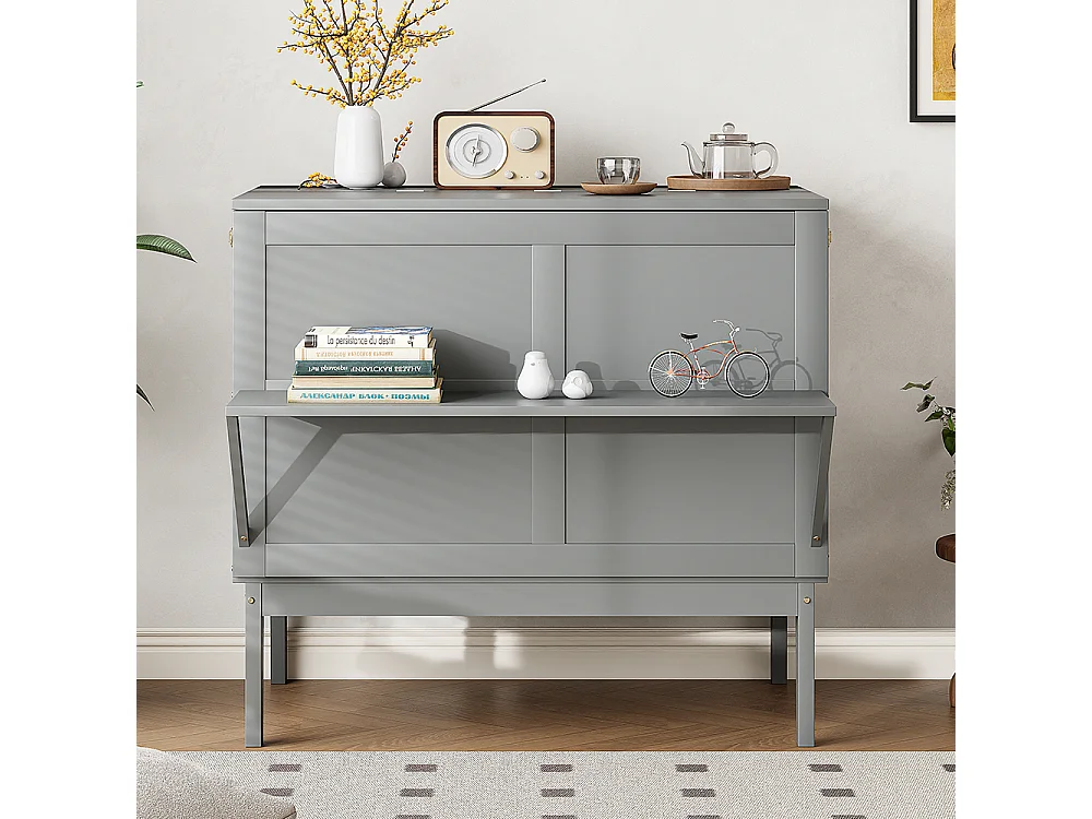 Lit armoire 90x200 cm, lit mural avec sommier à lattes, lit pliant mural, lit armoire vertical, gris