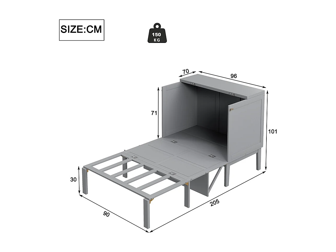 Lit armoire 90x200 cm, lit mural avec sommier à lattes, lit pliant mural, lit armoire vertical, gris