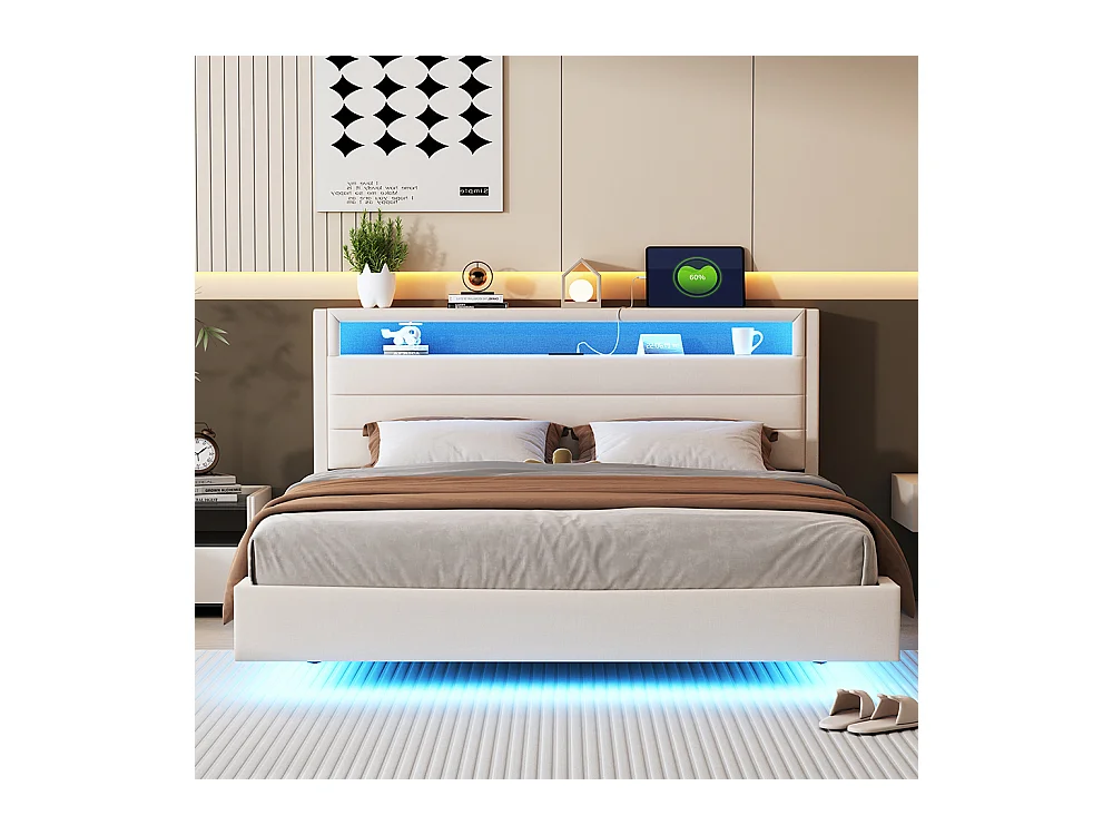 160x200 cm lit double capitonné avec prise USB et lumière LED, tête de lit réversible, pied de lit dissimulé, tissu de lin beige