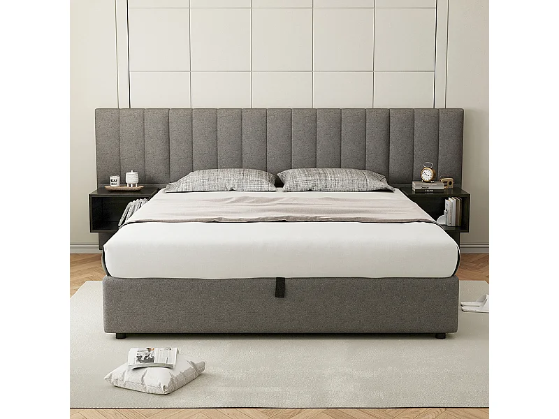 Lit rembourré 160 x 200 cm, avec deux tables de chevet avec espace de rangement, lin, gris + noir