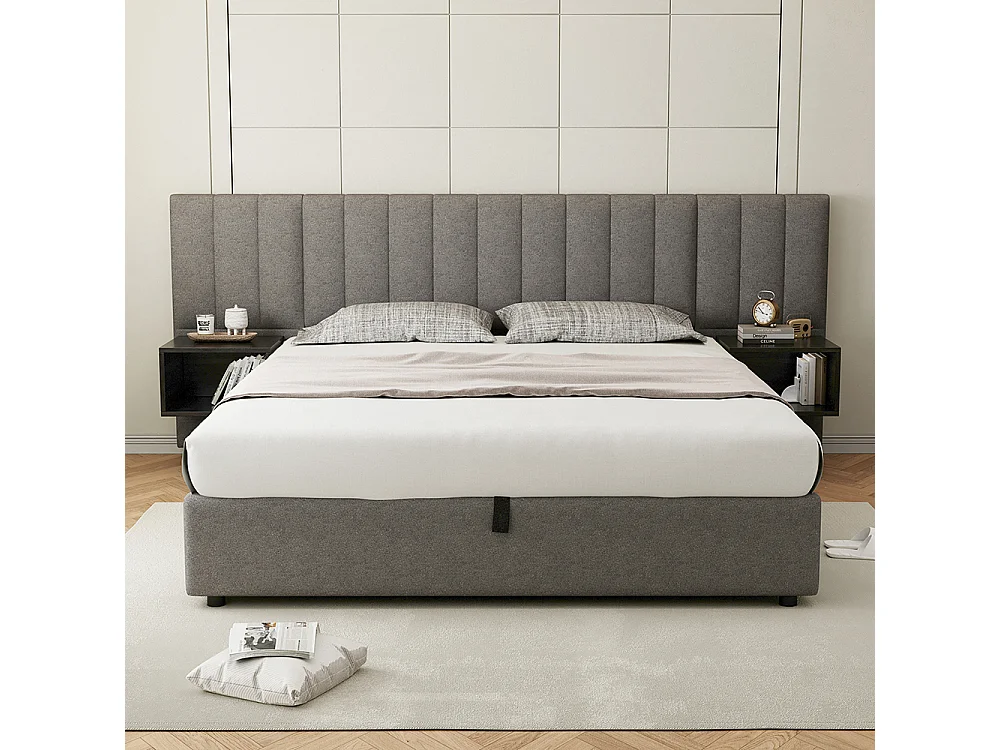 Lit rembourré 160 x 200 cm, avec deux tables de chevet avec espace de rangement, lin, gris + noir