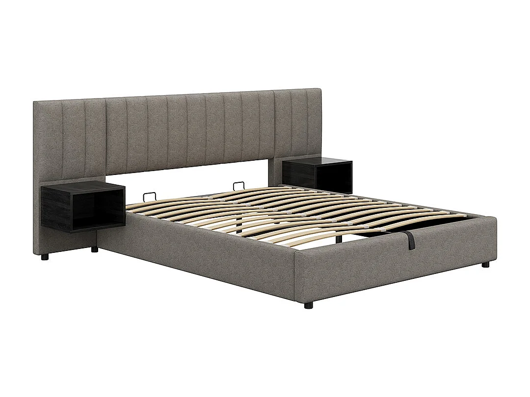Lit rembourré 160 x 200 cm, avec deux tables de chevet avec espace de rangement, lin, gris + noir