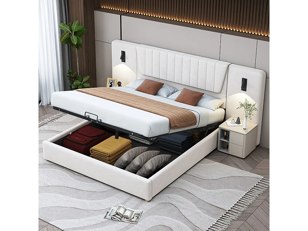 Lit double capitonné 180*200 cm, avec dossier allongé, liseuse, port de charge USB, tissu velours, beige