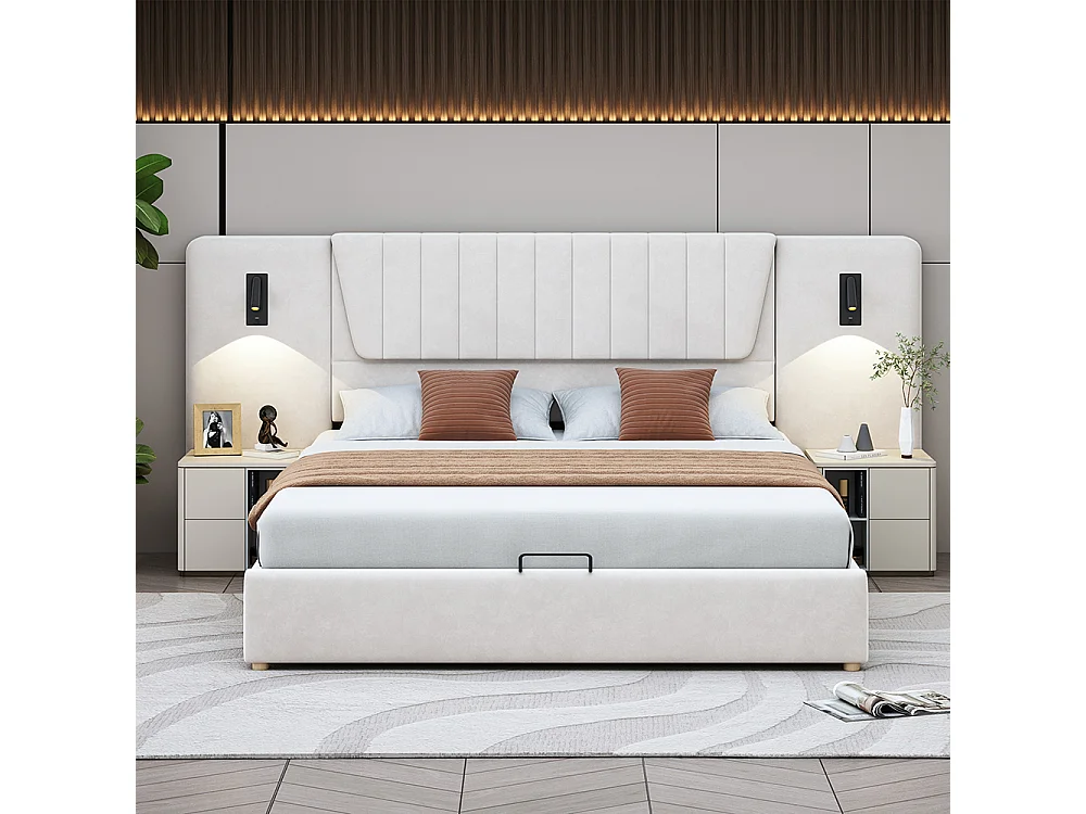 Lit double capitonné 180*200 cm, avec dossier allongé, liseuse, port de charge USB, tissu velours, beige