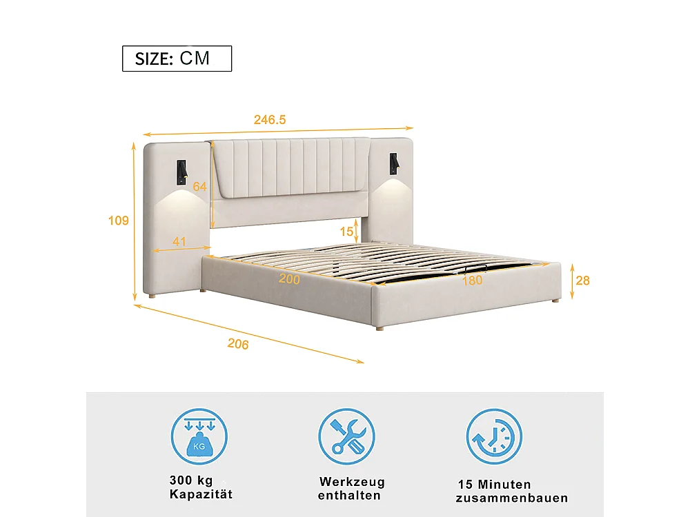 Lit double capitonné 180*200 cm, avec dossier allongé, liseuse, port de charge USB, tissu velours, beige