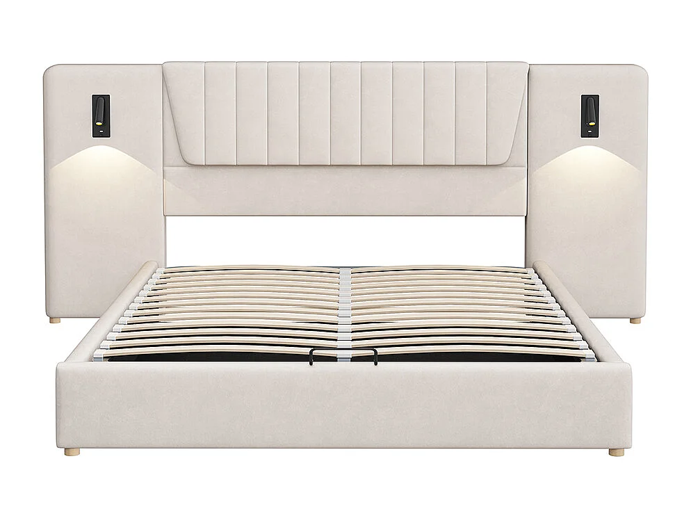 Lit double capitonné 180*200 cm, avec dossier allongé, liseuse, port de charge USB, tissu velours, beige
