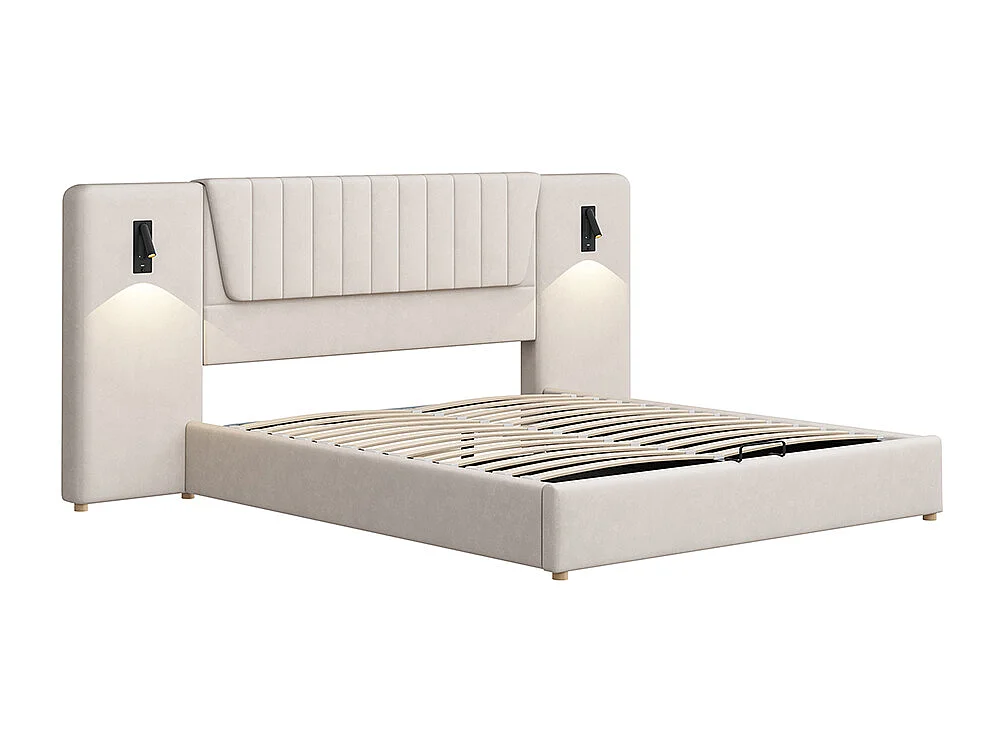 Lit double capitonné 180*200 cm, avec dossier allongé, liseuse, port de charge USB, tissu velours, beige