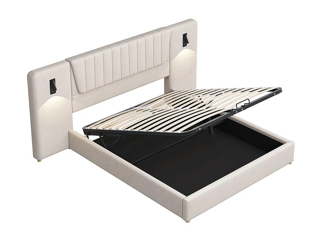 Lit double capitonné 180*200 cm, avec dossier allongé, liseuse, port de charge USB, tissu velours, beige