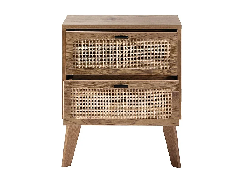 Nachttisch mit 2 Schubladen, Rattanfronten und Holzdekorbeinen L45 cm - ALIA