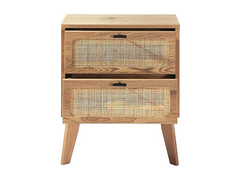 Comodino a 2 cassetti con frontali in rattan e gambe in legno decorativo L45 cm - ALIA