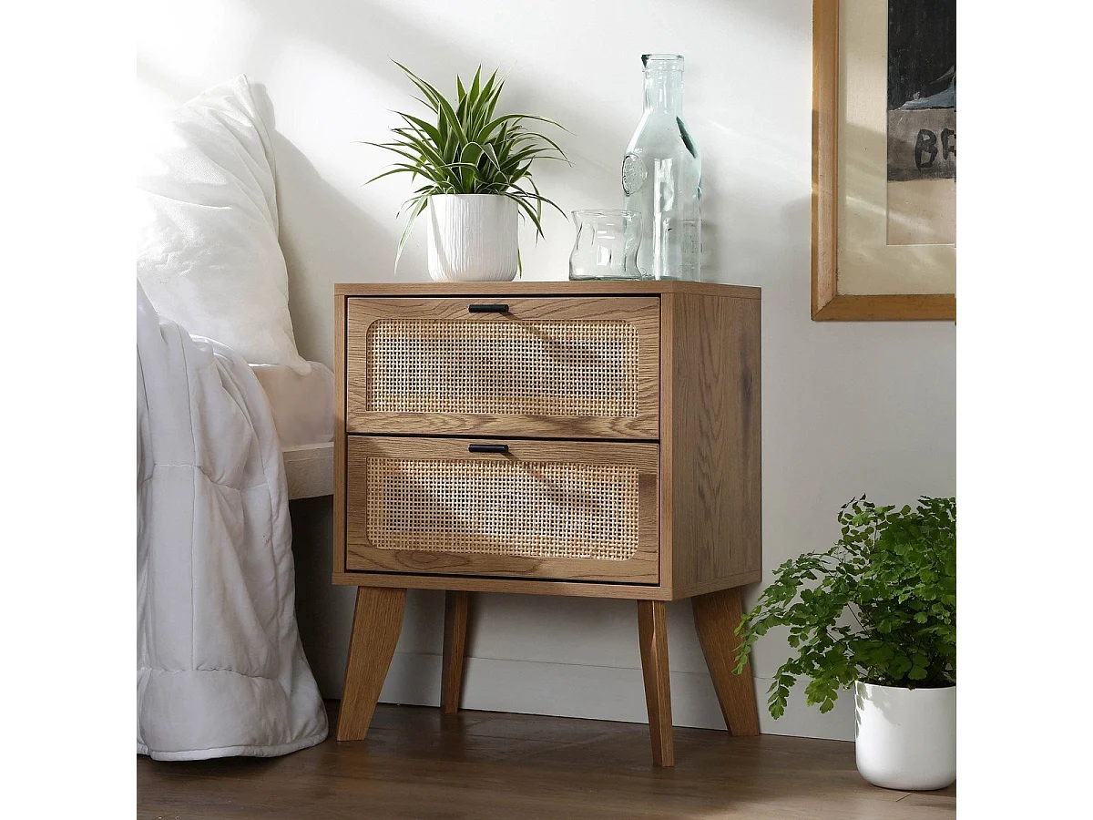 Chevet 2 Tiroirs décor bois avec Façades en Rotin L45 cm - ALIA