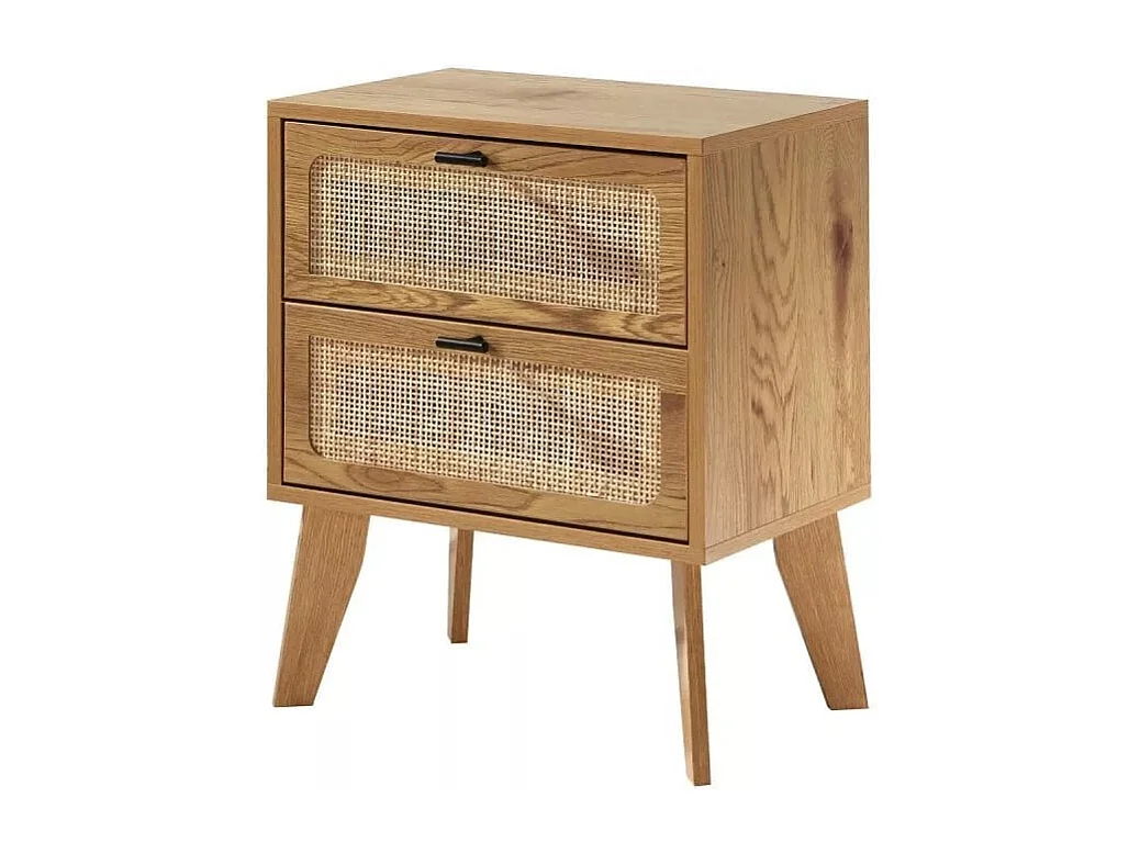 Chevet 2 Tiroirs décor bois avec Façades en Rotin L45 cm - ALIA