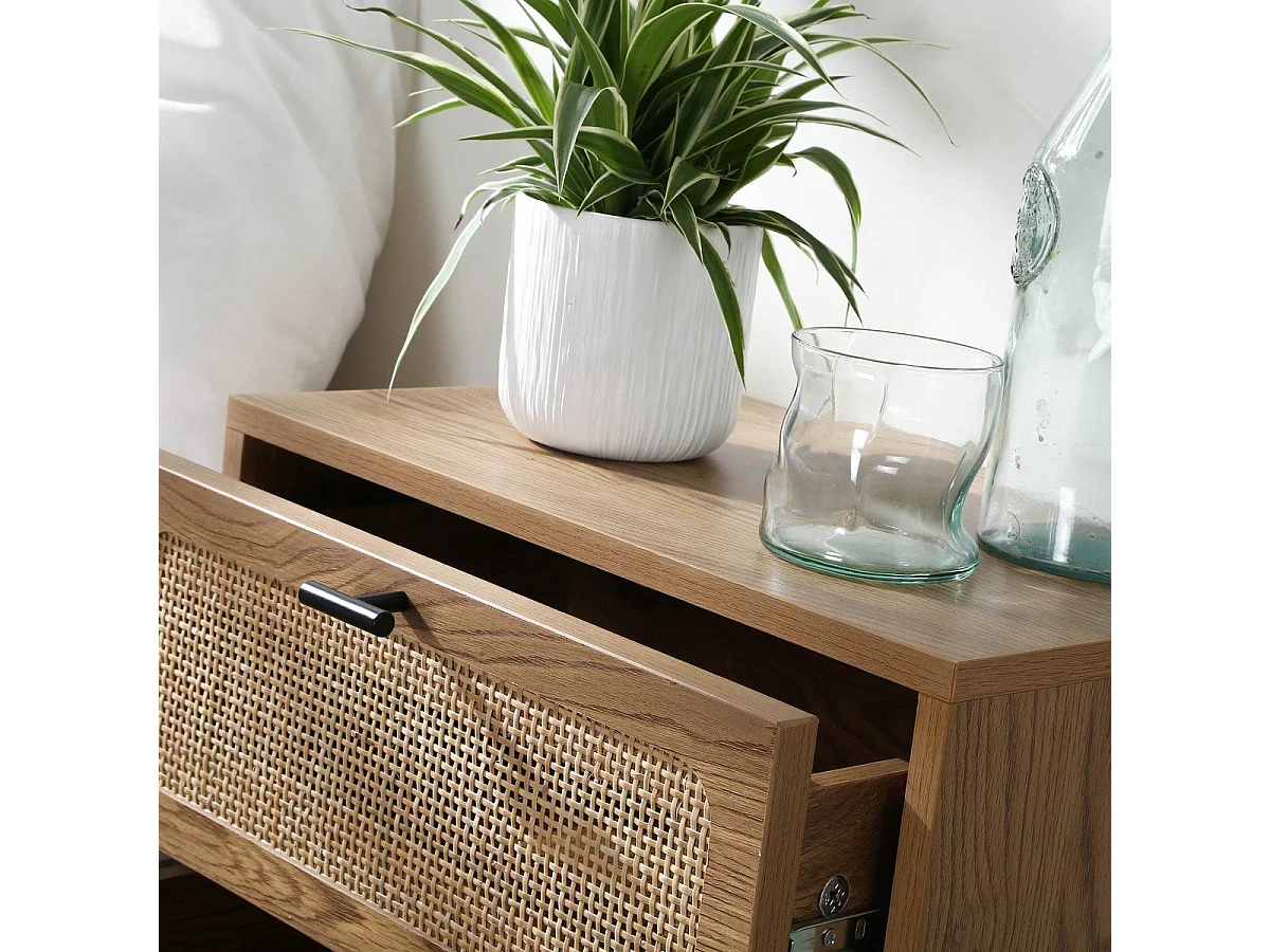 Chevet 2 Tiroirs décor bois avec Façades en Rotin L45 cm - ALIA
