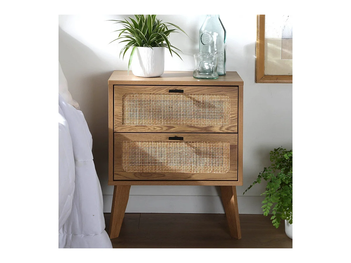 Comodino a 2 cassetti con frontali in rattan e gambe in legno decorativo L45 cm - ALIA