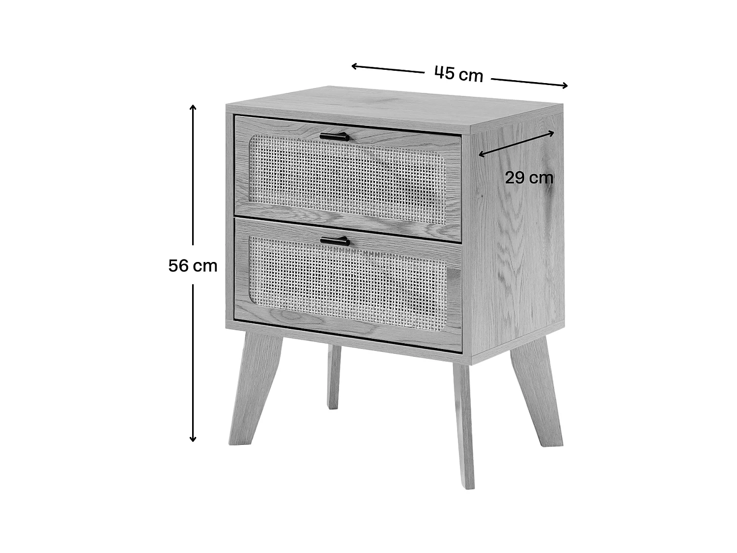 Comodino a 2 cassetti con frontali in rattan e gambe in legno decorativo L45 cm - ALIA