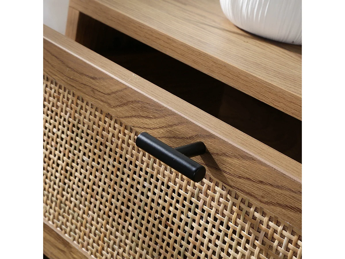 Comodino a 2 cassetti con frontali in rattan e gambe in legno decorativo L45 cm - ALIA