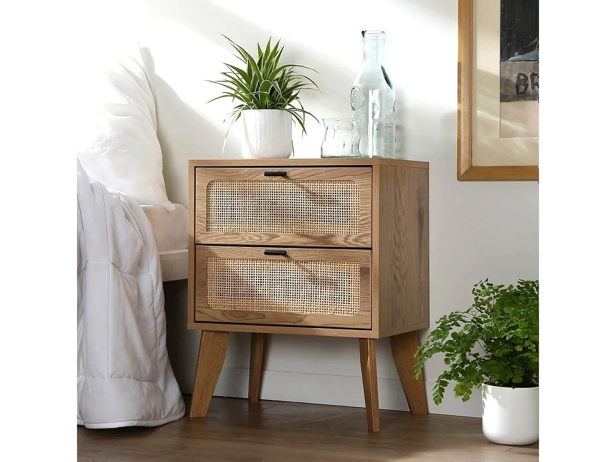 Comodino a 2 cassetti con frontali in rattan e gambe in legno decorativo L45 cm - ALIA