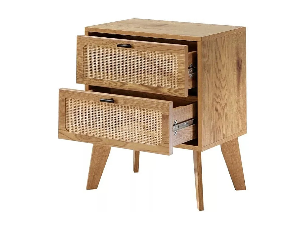 Comodino a 2 cassetti con frontali in rattan e gambe in legno decorativo L45 cm - ALIA