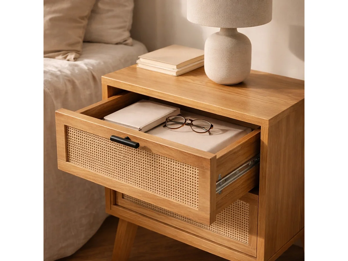 Comodino a 2 cassetti con frontali in rattan e gambe in legno decorativo L45 cm - ALIA