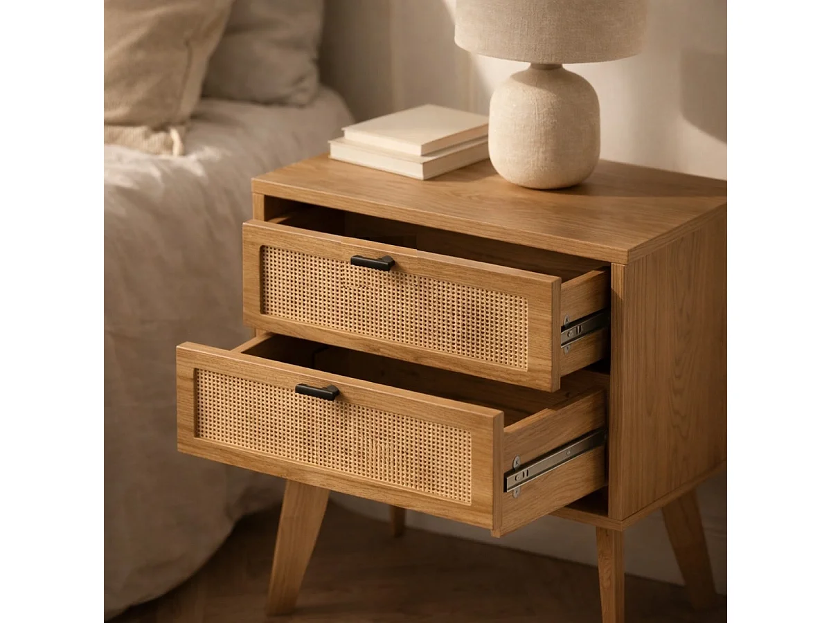 Comodino a 2 cassetti con frontali in rattan e gambe in legno decorativo L45 cm - ALIA