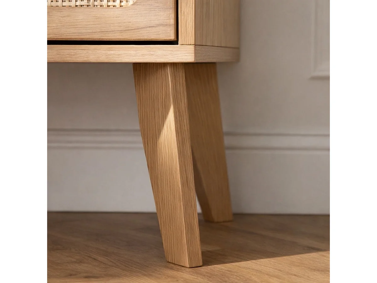 Comodino a 2 cassetti con frontali in rattan e gambe in legno decorativo L45 cm - ALIA