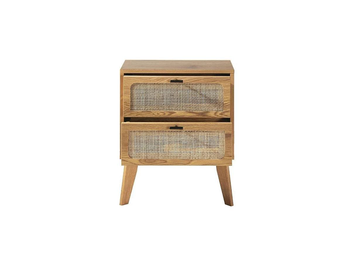 Nachttisch mit 2 Schubladen, Rattanfronten und Holzdekorbeinen L45 cm - ALIA