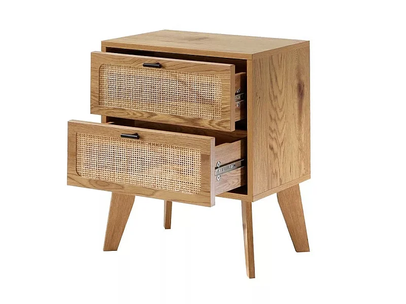 Chevet 2 Tiroirs décor bois avec Façades en Rotin L45 cm - ALIA