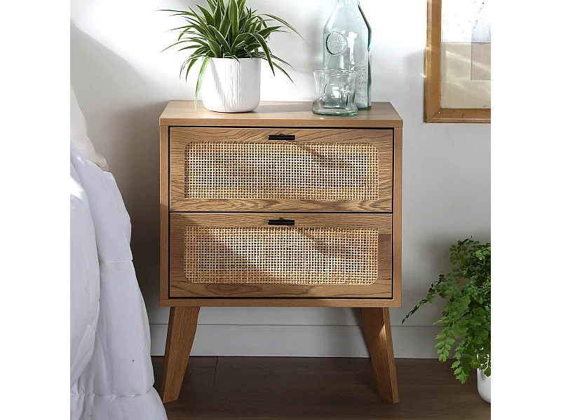 Nachttisch mit 2 Schubladen, Rattanfronten und Holzdekorbeinen L45 cm - ALIA
