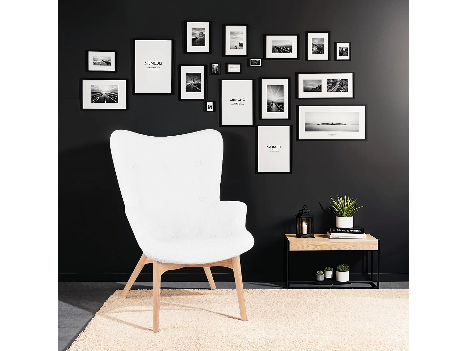 Fauteuil Scandinave à Oreilles "Tissu Bouclette" 93cm Blanc