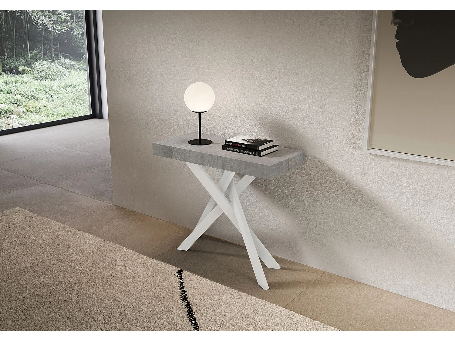 Console extensible 90x40/300 cm Saki béton pieds blancs