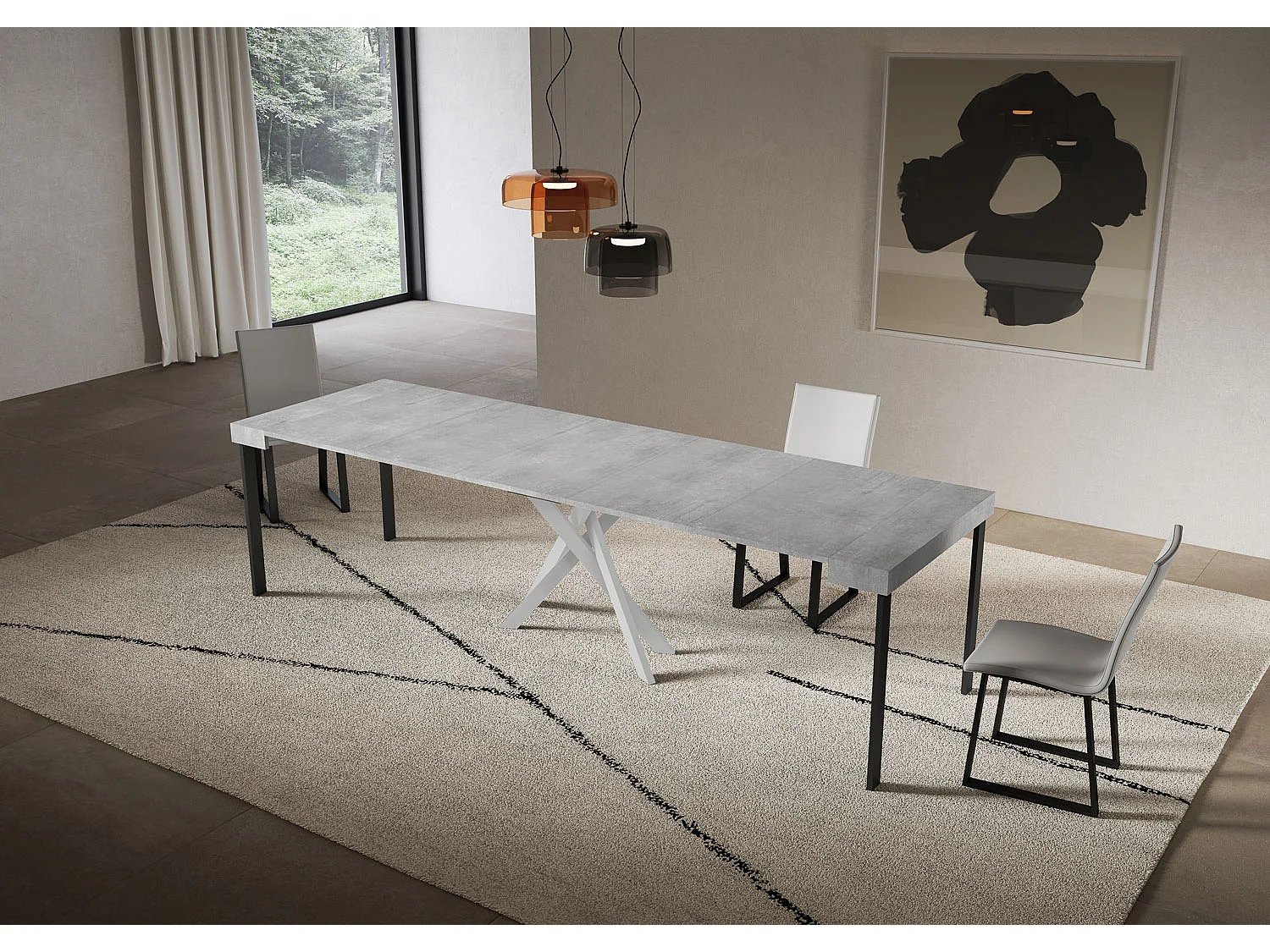 Console extensible 90x40/300 cm Saki béton pieds blancs