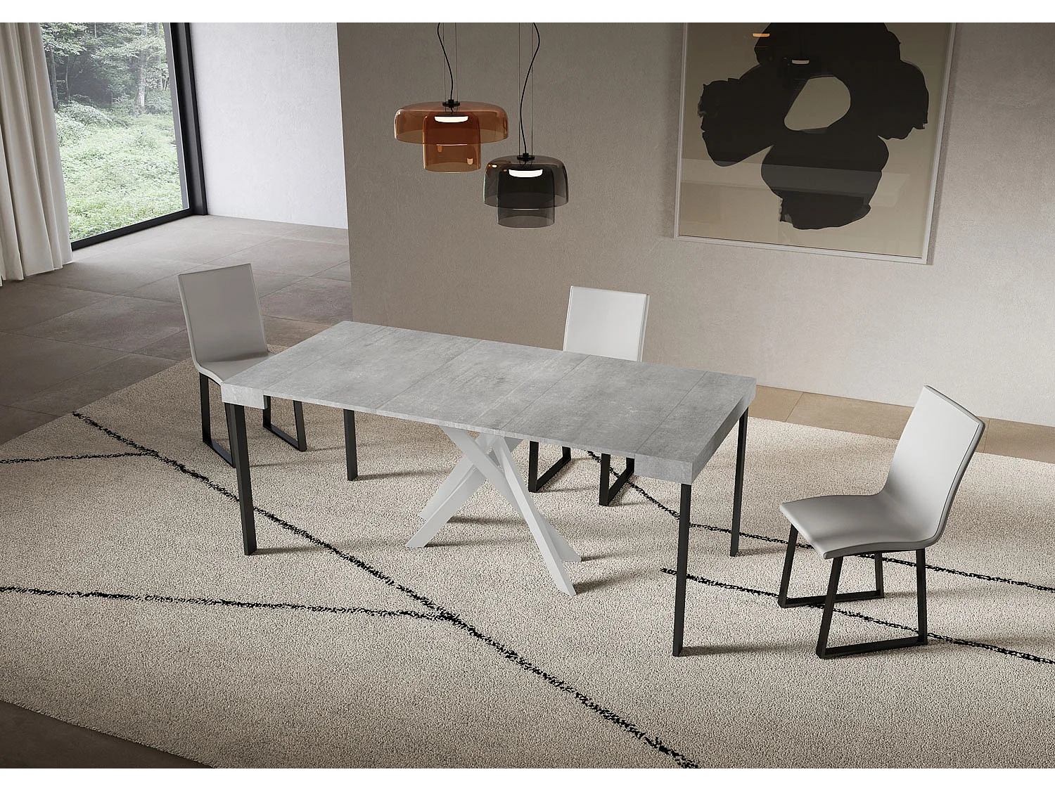 Console extensible 90x40/300 cm Saki béton pieds blancs