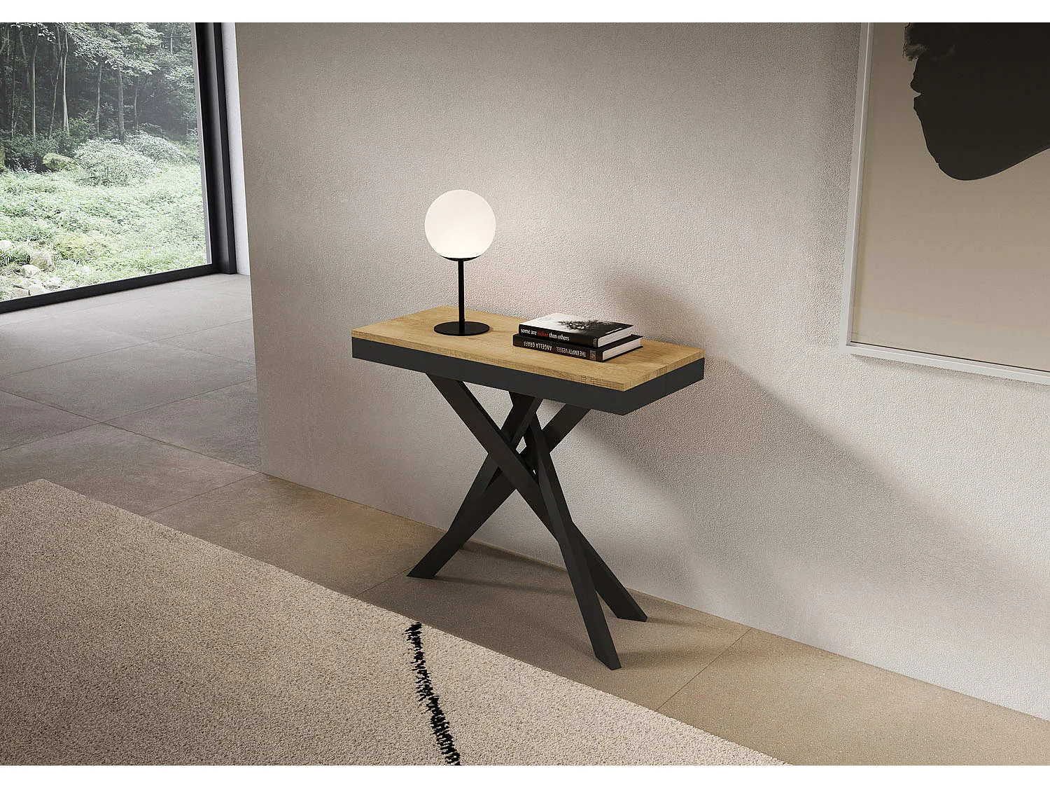 Udtrækkeligt konsolbord 90x40/300 cm Saki Evolution naturlig eg antracit stel