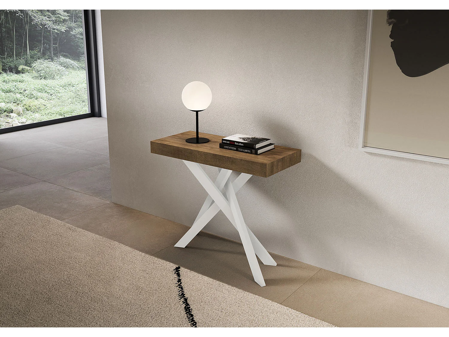 Console extensible 90x40/300 cm Saki Premium noyer pieds blancs