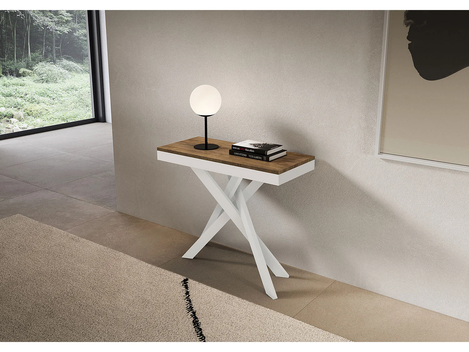 Saki Evolution udtrækkeligt konsolbord 90x40/300 cm valnød hvidt stel