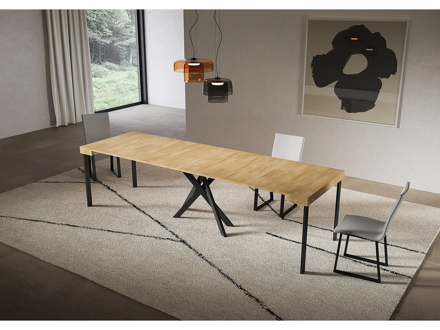 Console extensible 90x40/300 cm Chêne naturel Saki avec pieds anthracite