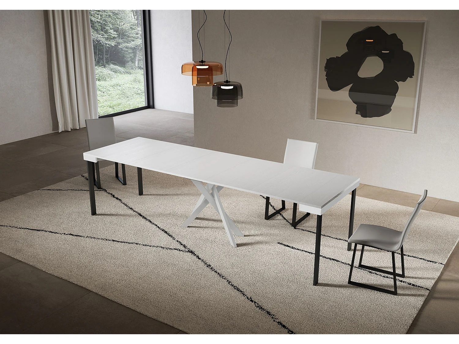 Ausziehbare Konsole 90x40/300 cm Saki Evolution, weiße Esche, weißer Rahmen