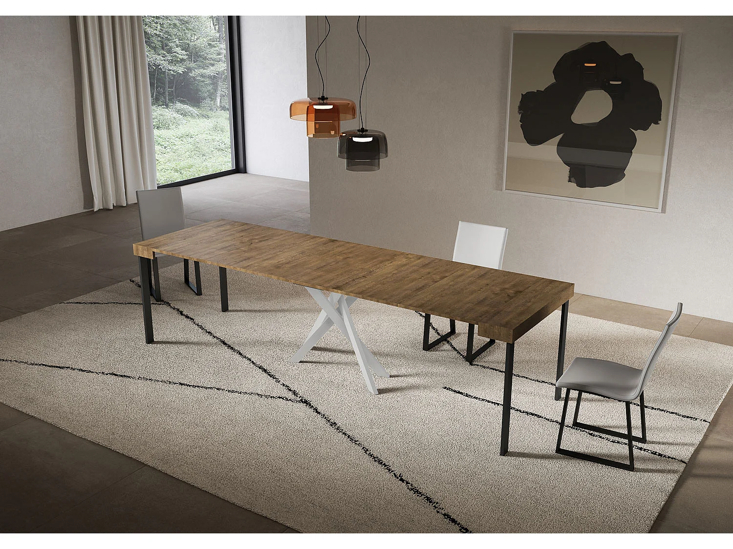 Ausziehbare Konsole 90x40/300 cm, Beine aus Saki-Walnussweiß