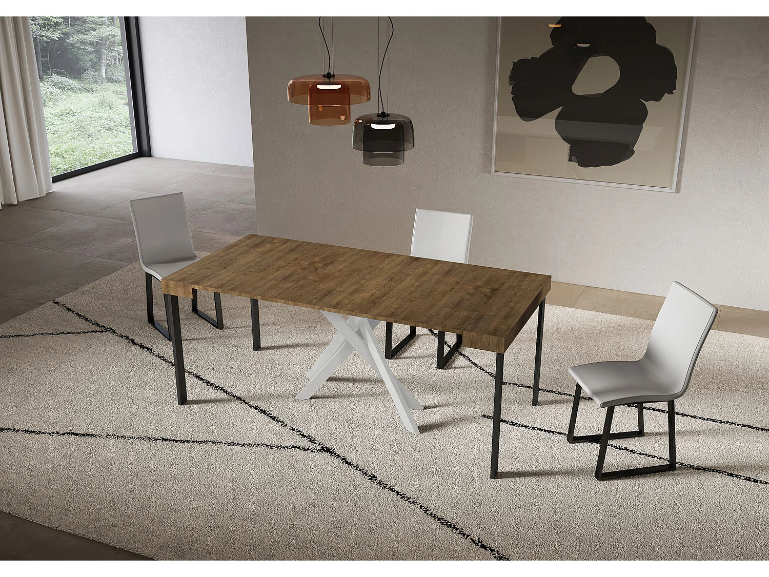 Console extensible 90x40/300 cm Saki noyer pieds blancs