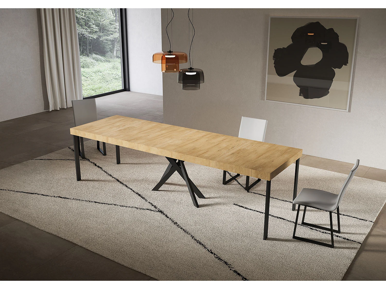 Ausziehbare Konsole 90x40/300 cm Saki Premium Natureiche mit anthrazitfarbenen Beinen