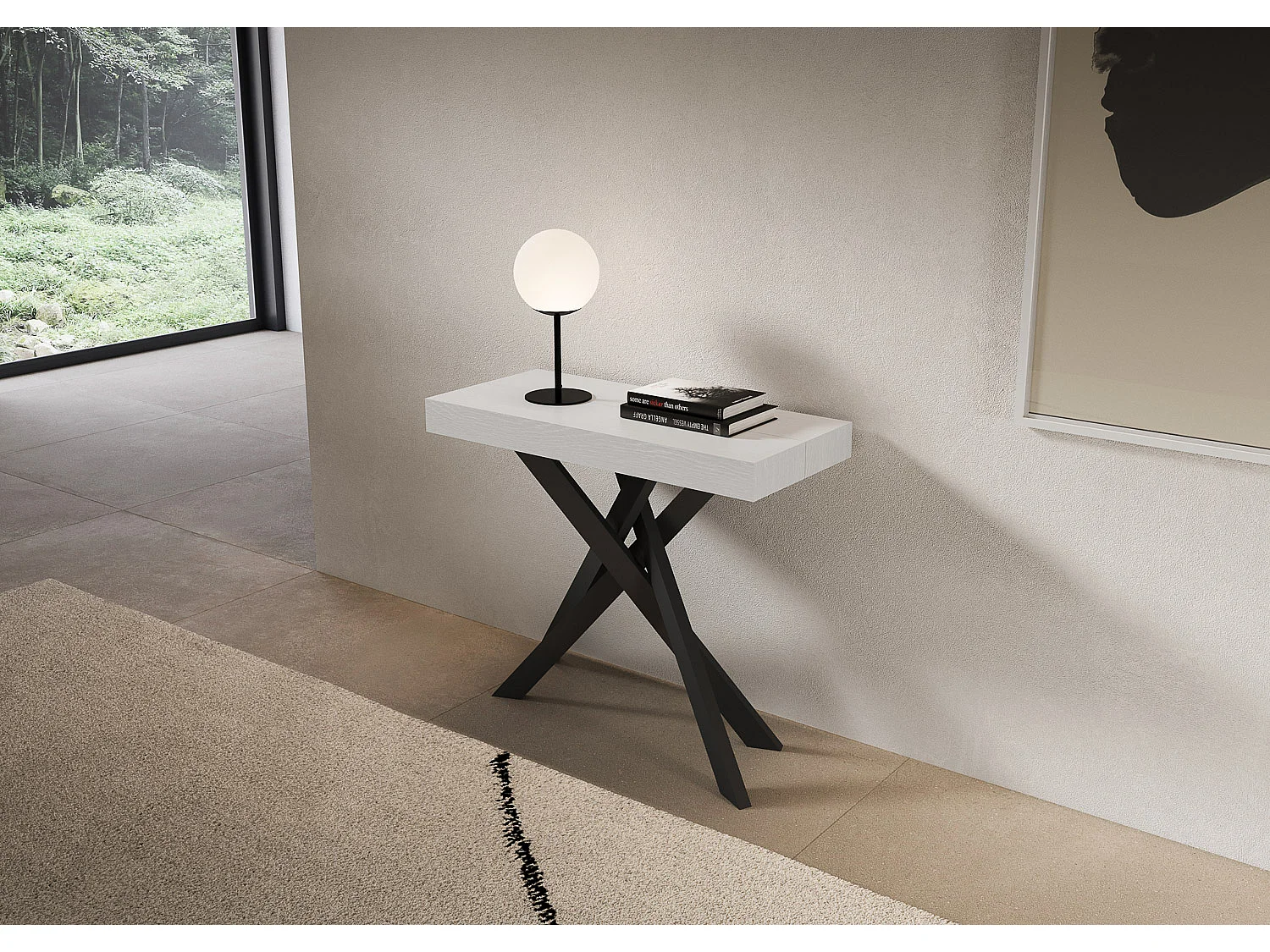 Console extensible 90x40/300 cm Saki Premium frêne blanc pieds anthracite