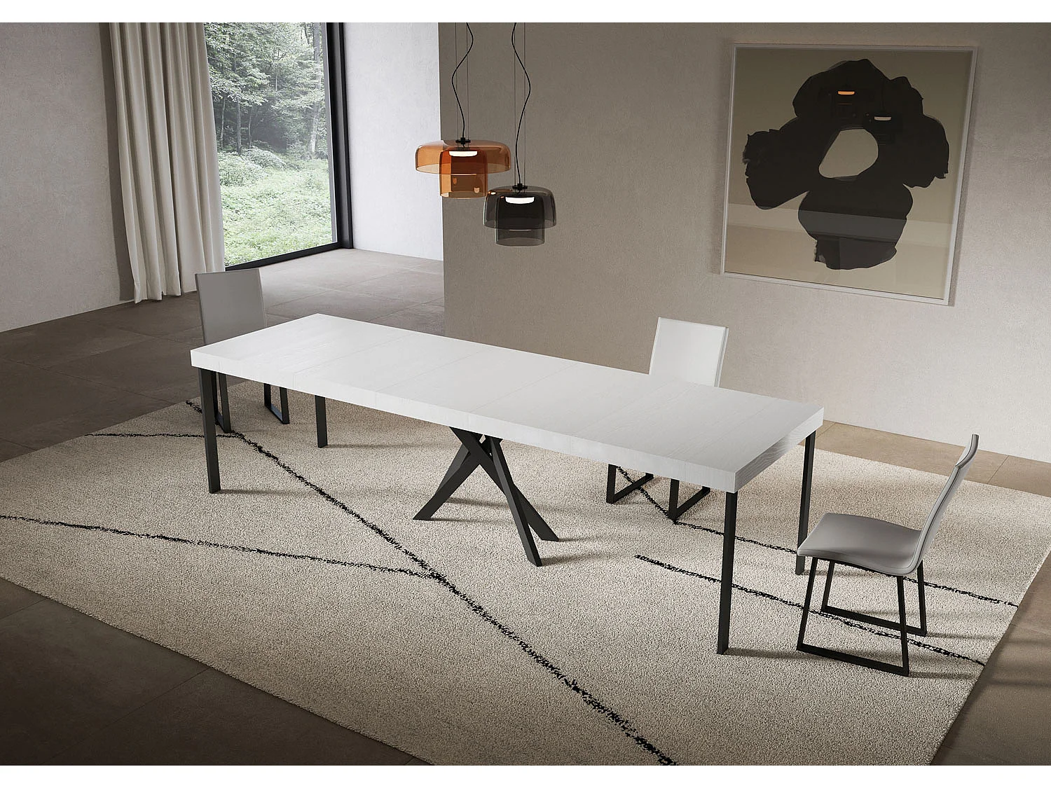 Console extensible 90x40/300 cm Saki Premium frêne blanc pieds anthracite